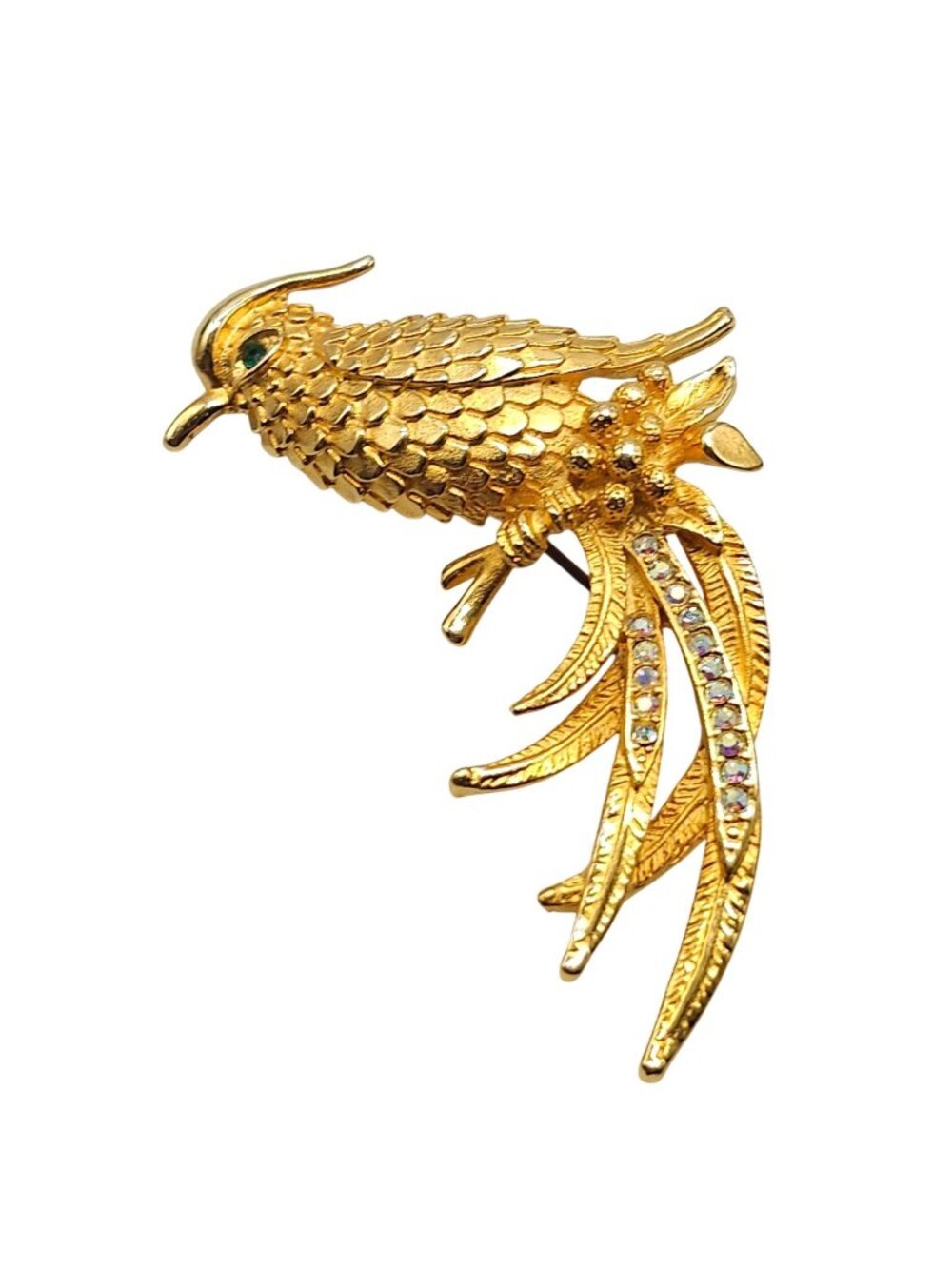 Vintage Gold-Tone Bird Brooch Rhinestone Accents And Green Eye 3 Inches Long